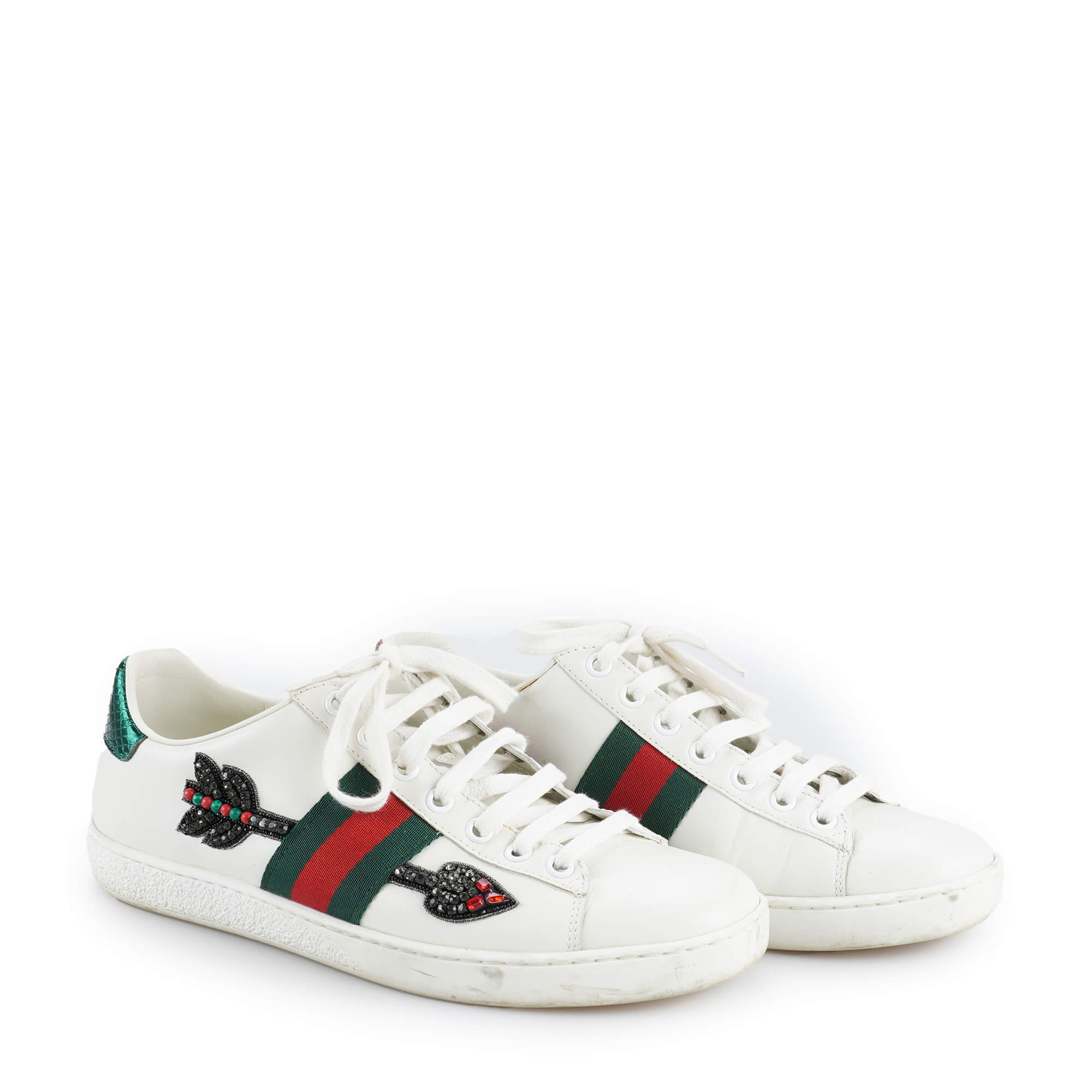 Gucci  - White Leather Ace Web Heart Detail Lace Up Sneakers